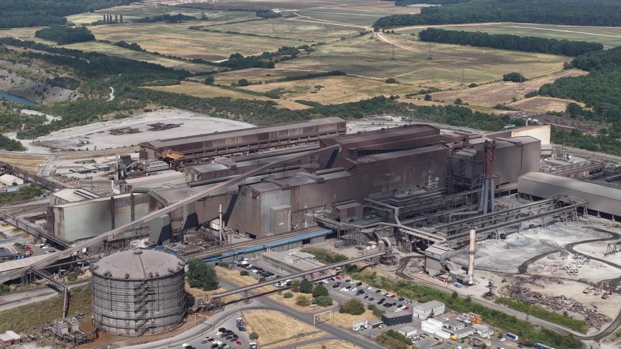 Aerial view of Scunthorpe Steelworks in North Lincolnshire, showing blast furnaces, heavy industry and large-scale primary steel production.