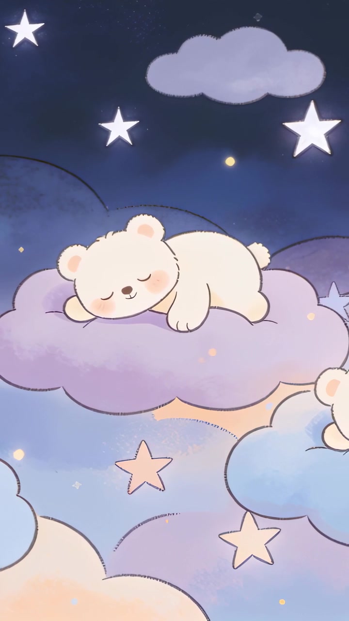 Vertical video: Panning night sky showing bear sleeping on lavender cloud, revealing friends, stars