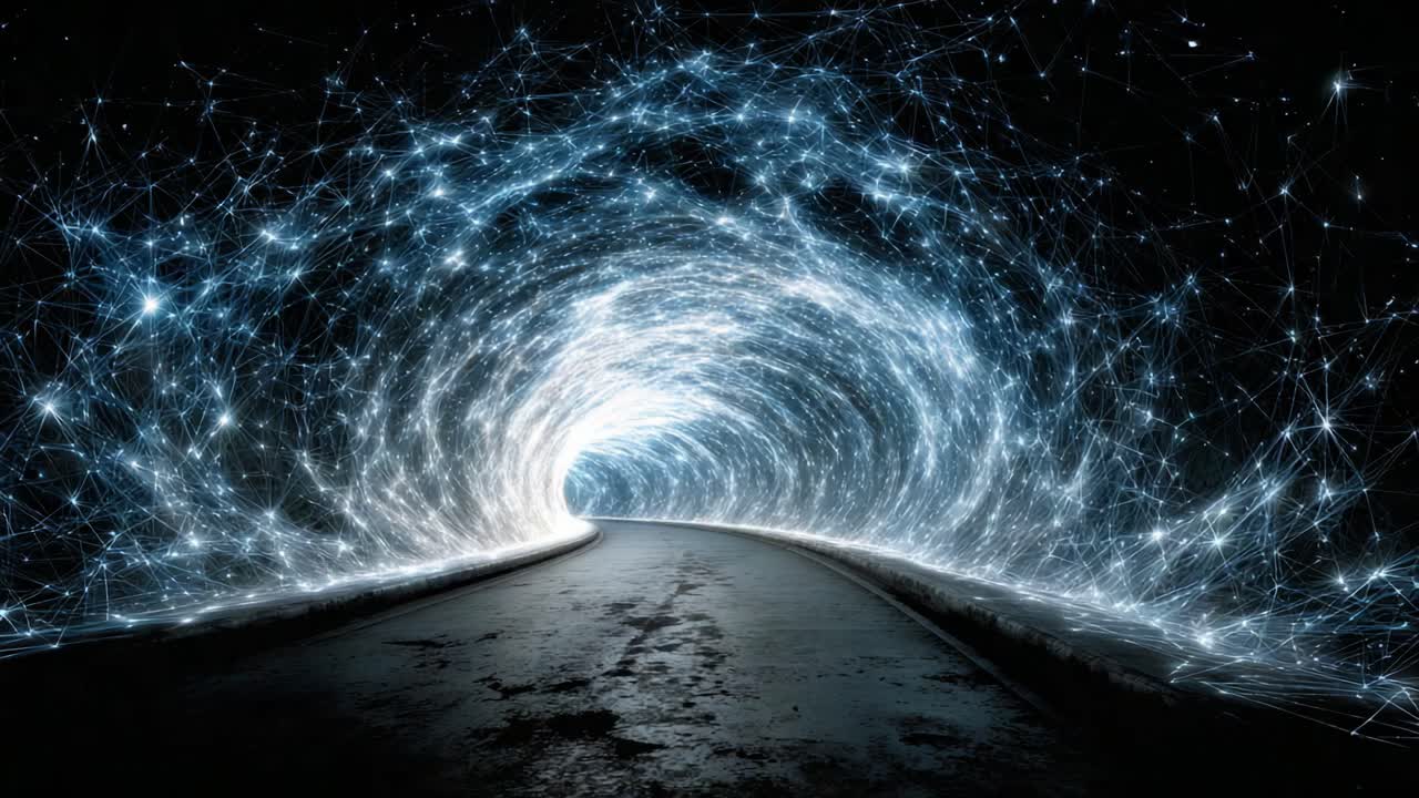 A mesmerizing visual journey through a luminous tunnel filled with shimmering light trails, connecting worlds of wonder and imagination in a digital dreamscape