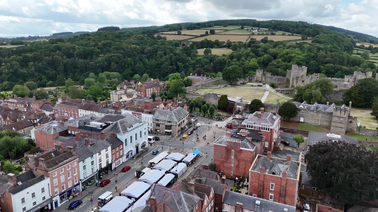Market square Ludlow England aerial Panning drone aerial
