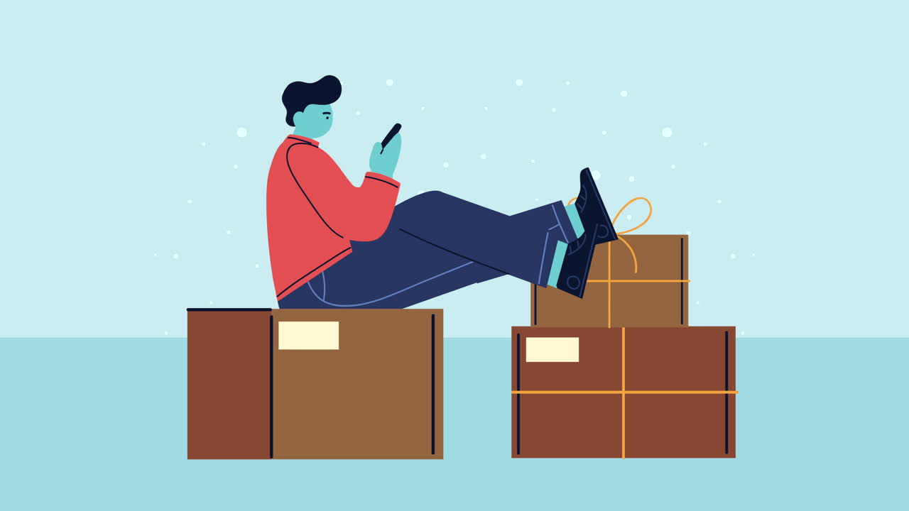 client using smartphone seated in boxes delivery service