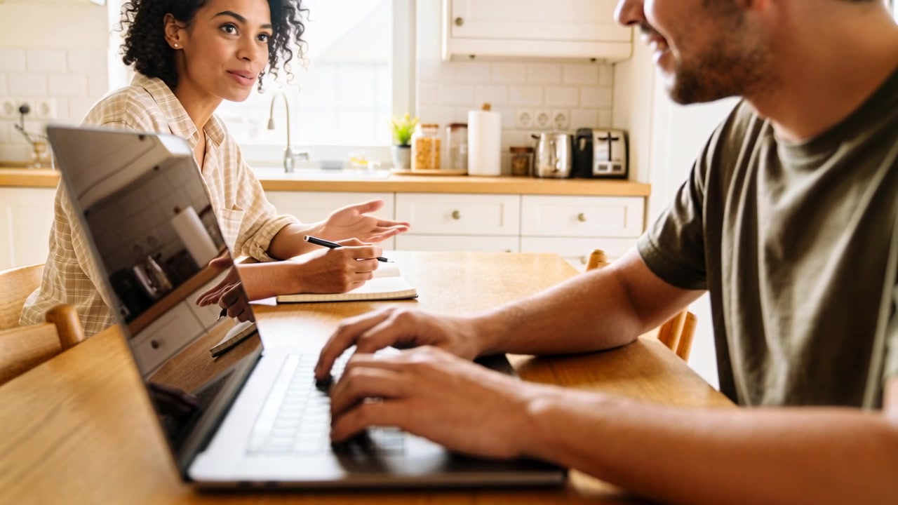 Typing man on laptop, woman shifting gaze and gesturing pen over notebook at kitchen table planning