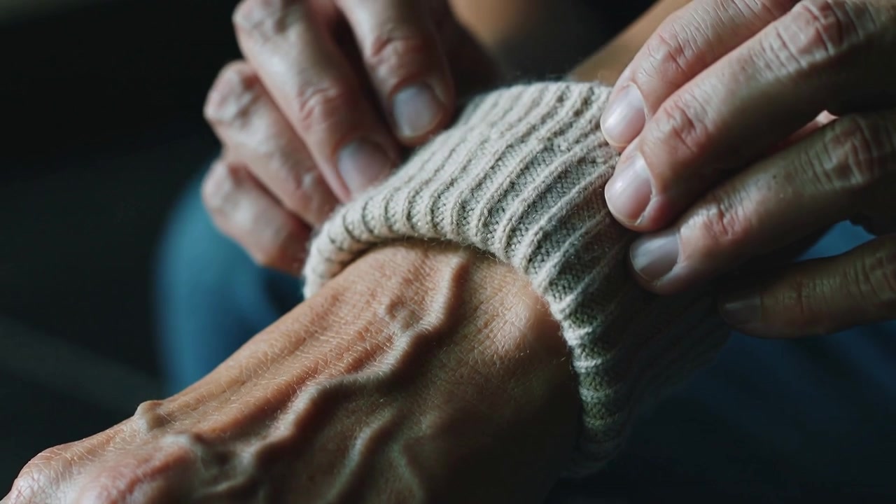 Gripping senior hands rolling ribbed cuff down for fit at home, revealing silver wristwatch, veins