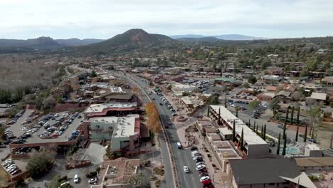 downtown sedona, arizona with drone video wide shot moving down