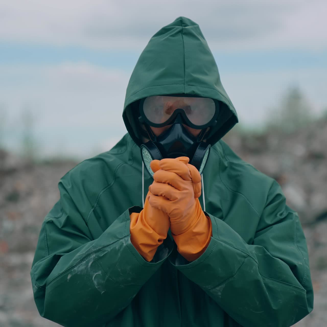Man in uniform in the ruins. Man in gas mask in destroyed place after catastrophe