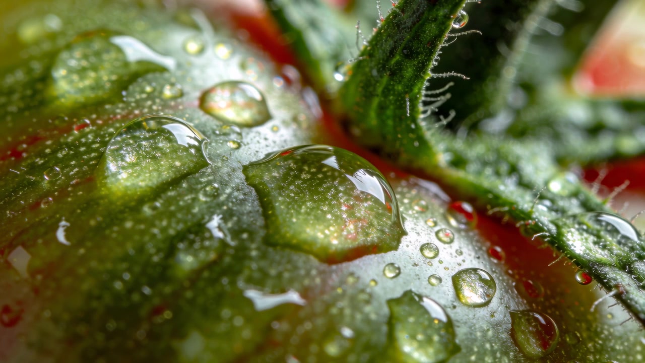 Telecamera che riprende in macro un singolo pomodoro verde, mostrando goccioline sul calice e peli sullo stelo.