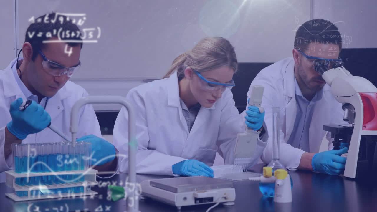 animación de ecuaciones matemáticas sobre diversos científicos haciendo equipos en el laboratorio.
