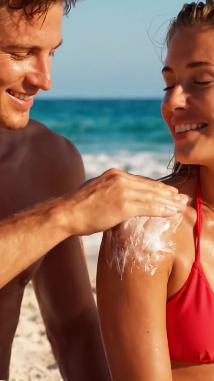 A Carefree Day at the Beach: Applying Sunscreen to Protect Skin from Sun Damage While Enjoying the Ocean Breeze and Warm Weather with Friends