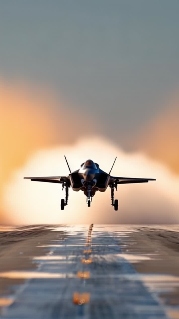 Decollo impressionante di un jet da combattimento stealth da una pista su uno sfondo mozzafiato dai toni dorati, con lo scarico del jet che crea un'atmosfera drammatica
