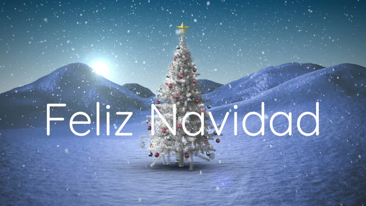 animación de feliz navidad texto sobre árbol de navidad y nieve cayendo en el paisaje de invierno