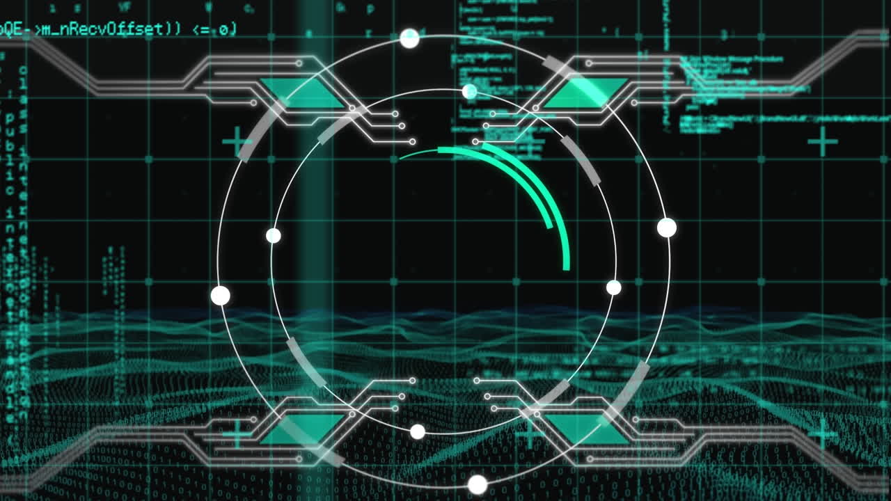 Animation of black digital screen with data and processing circle