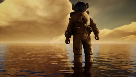 Spaceman-in-the-sea-under-clouds-at-sunset