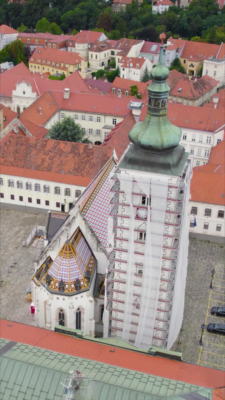 Vertical aerial of iconic St. Mark’s Church in Zagreb, Croatia, showcasing its vibrant tiled roof, historic architecture, and charming old-town surroundings