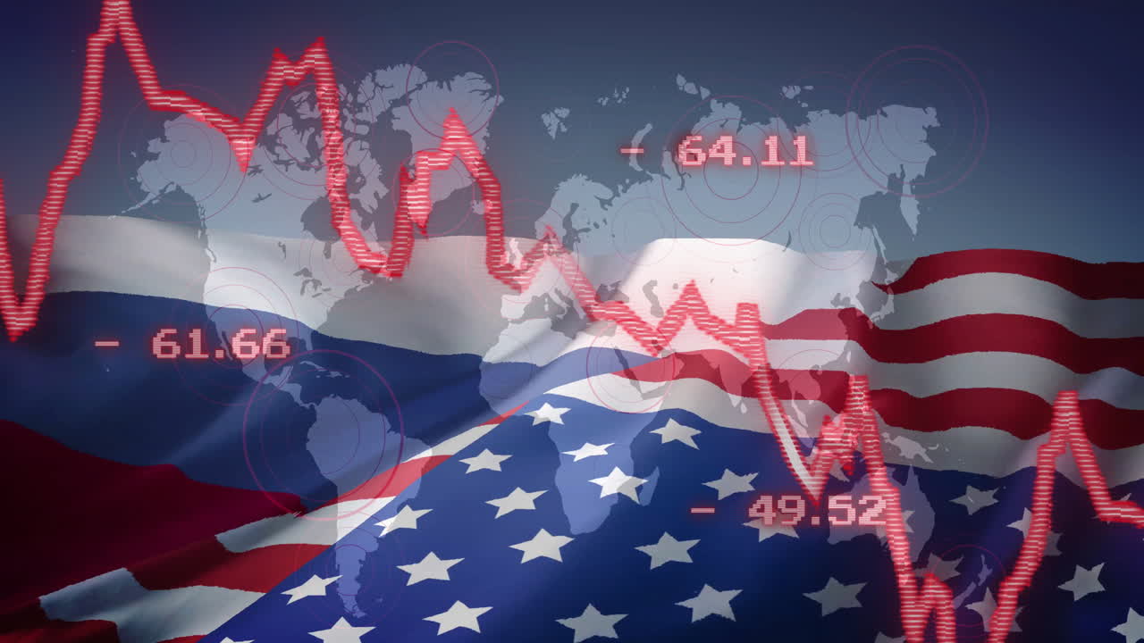Stock market decline animation over flags of Russia and USA with world map