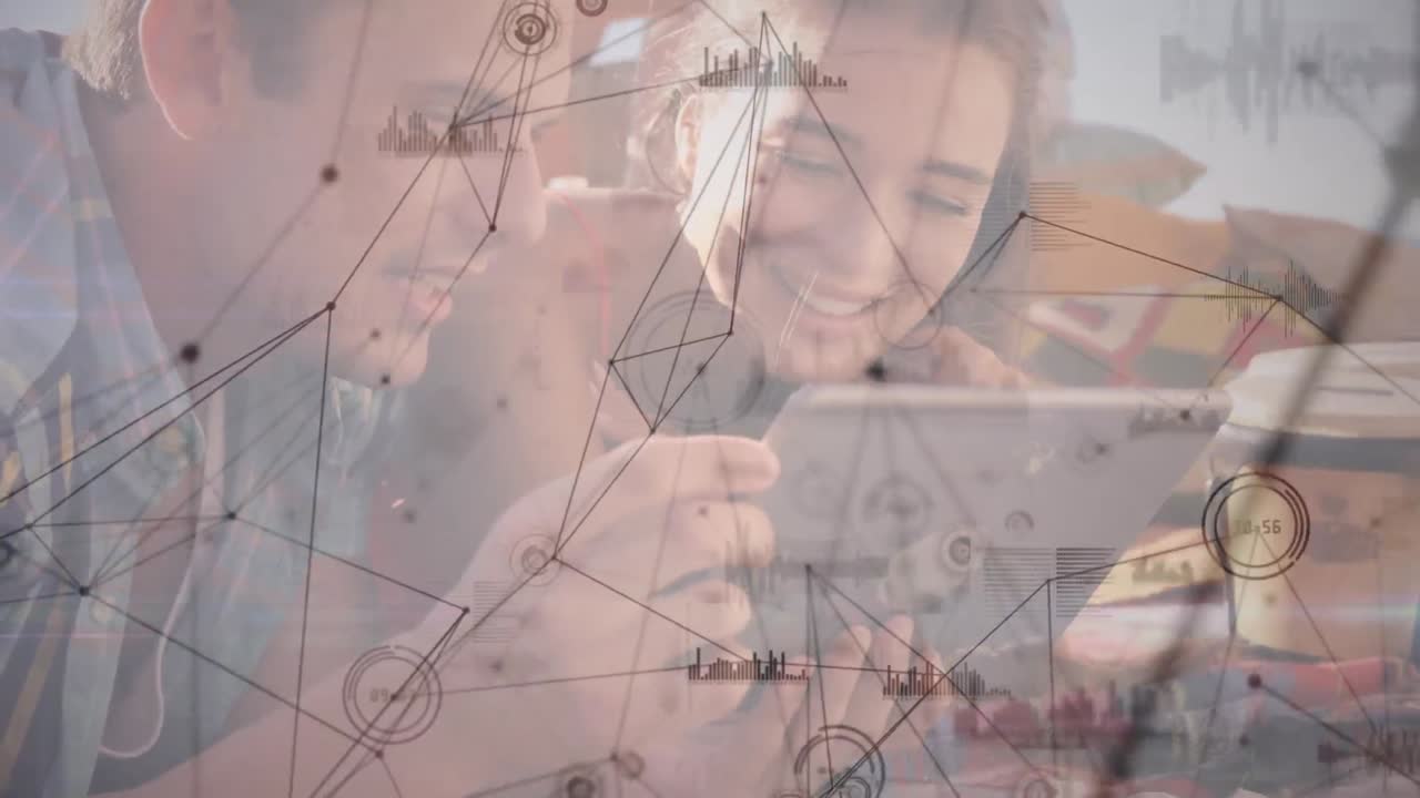 animación de redes de conexiones sobre una pareja caucásica usando una tableta