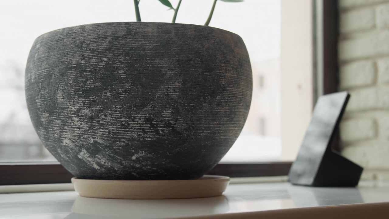 Primo piano di fioriera in ceramica nera testurizzata con piante verdi su davanzale bianco. Lo sfondo presenta un muro di mattoni beige sfocato e un dispositivo elettronico. Una luce naturale soffusa illumina la scena.