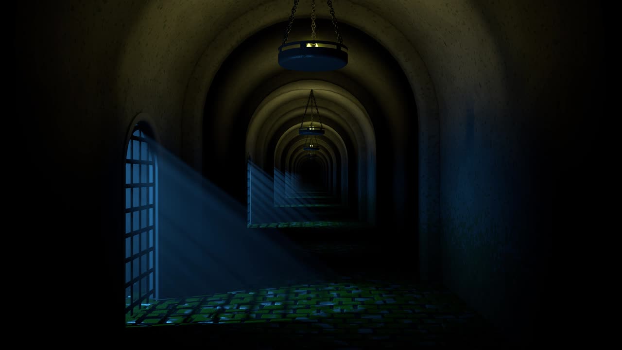 scary medieval prison at night. seamless loop