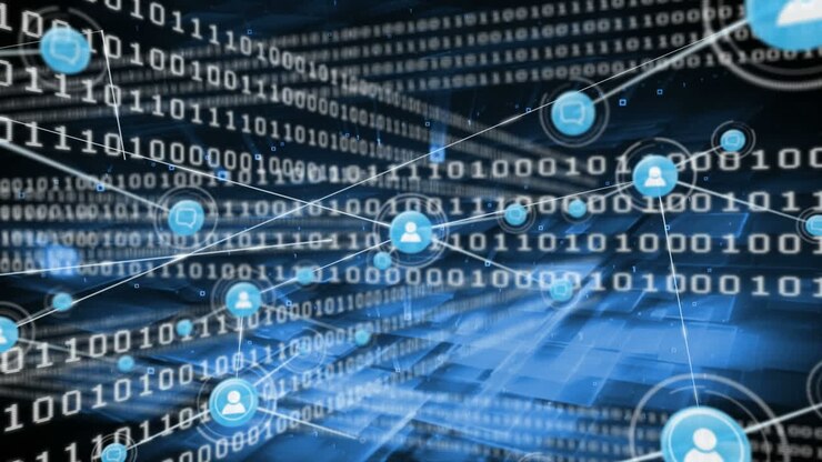 Connectors moving and digital data on blue background