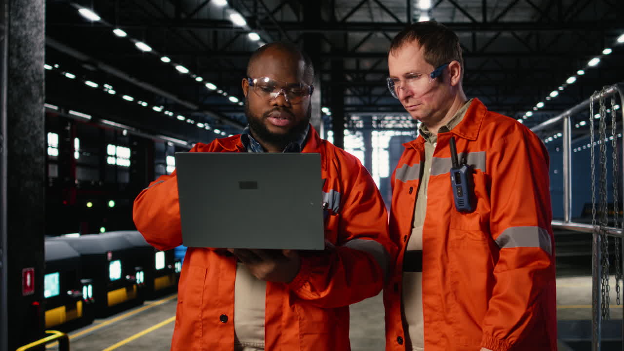 Diverse operators use laptop to coordinate production activity on factory floor