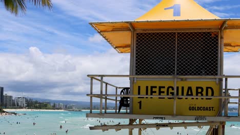 yellow lifeguard tower on a sunny beach day