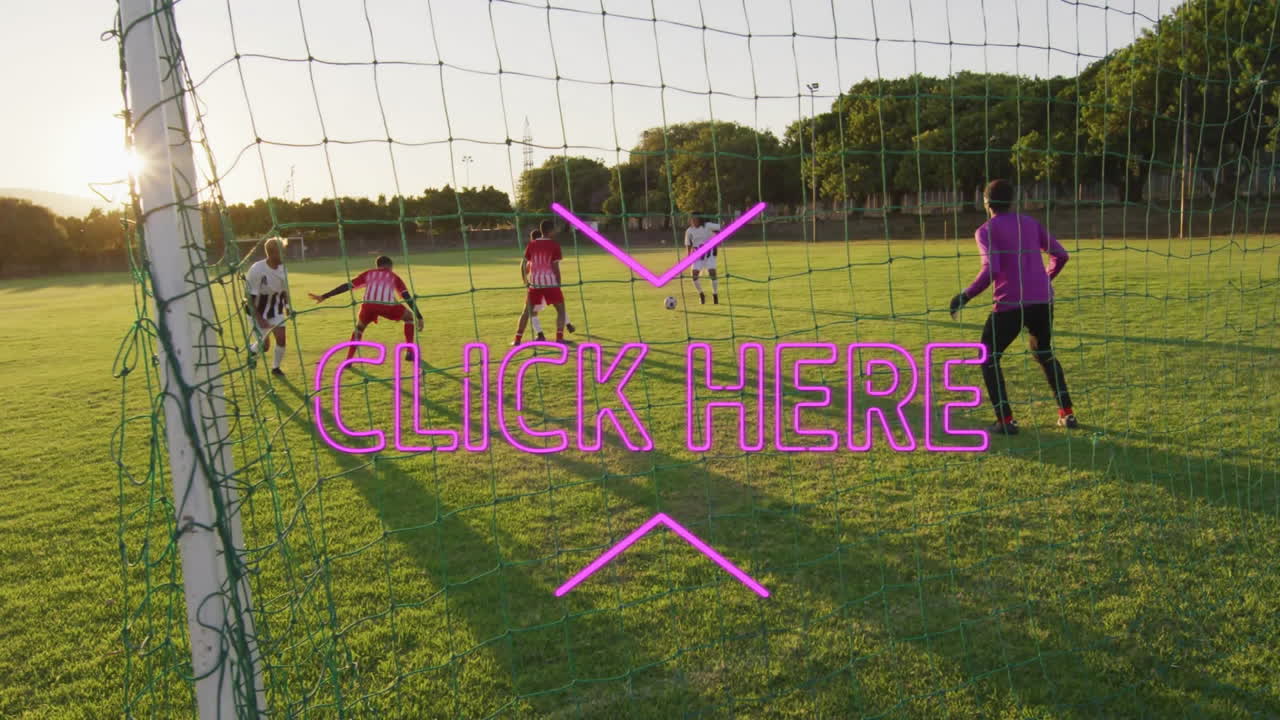 Animation of soccer players on field with pink text overlay saying CLICK HERE