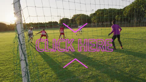 animation of soccer players on field with pink text overlay saying click here