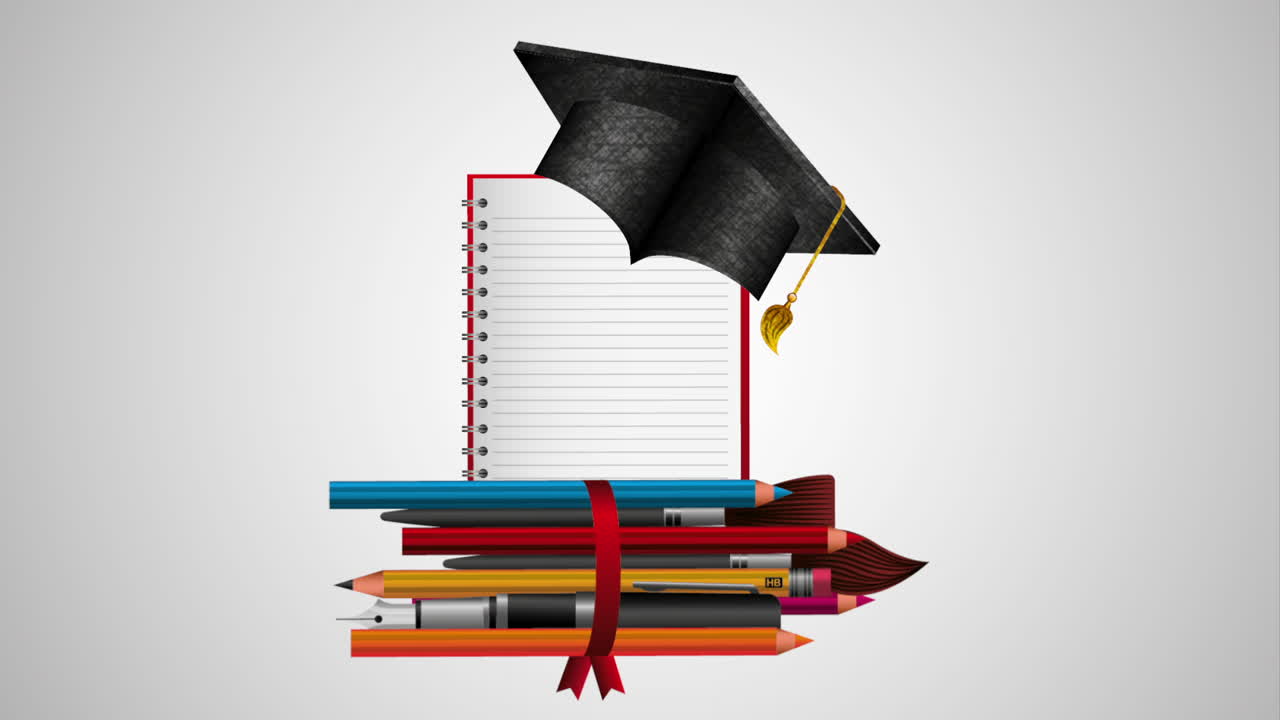 sombrero de graduación con cuaderno y suministros de animación