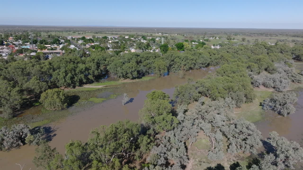 Aerial: Drone flying over flooded bushland in Bourke after Darling River burst it's banks, NSW, Australia