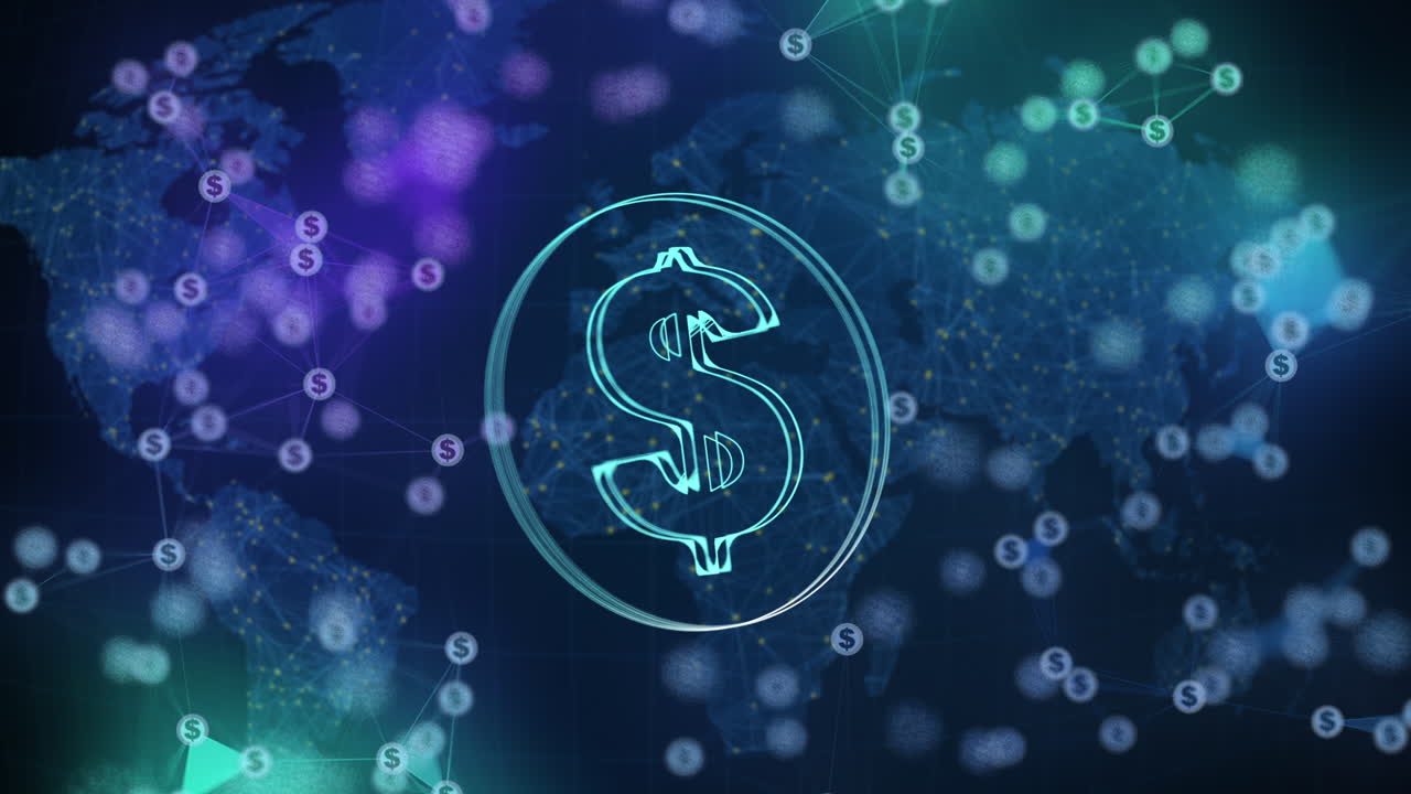 Glowing dollar symbol on a blue background with a world map. Colored plexus lines with currency signs. Looped 3D animation.