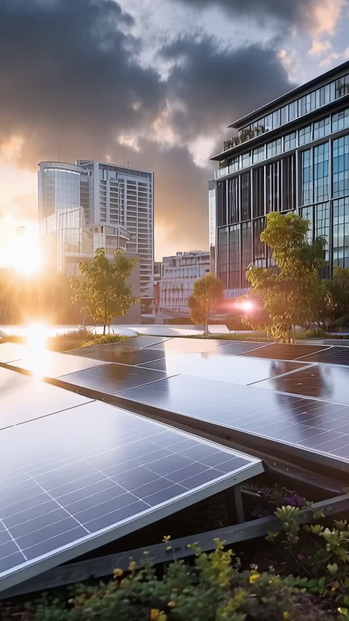 Abraçando a Energia Renovável: Um edifício moderno adornado com painéis solares sob um céu de pôr do sol vibrante em um ambiente urbano refletindo sustentabilidade e inovação.