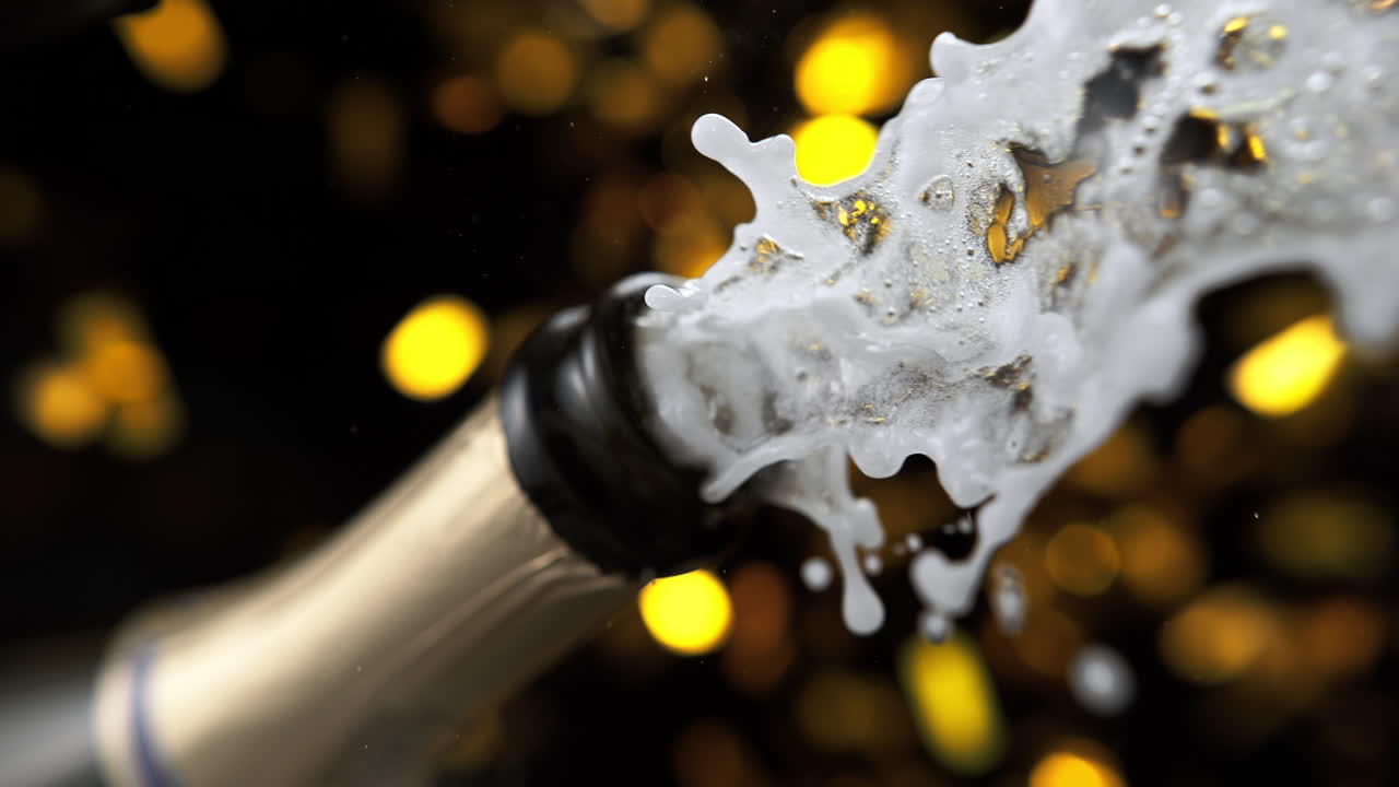Champagne Bottle With Exploding Cork And Glittering Confetti Falling In The Background, Slow Motion and Macro