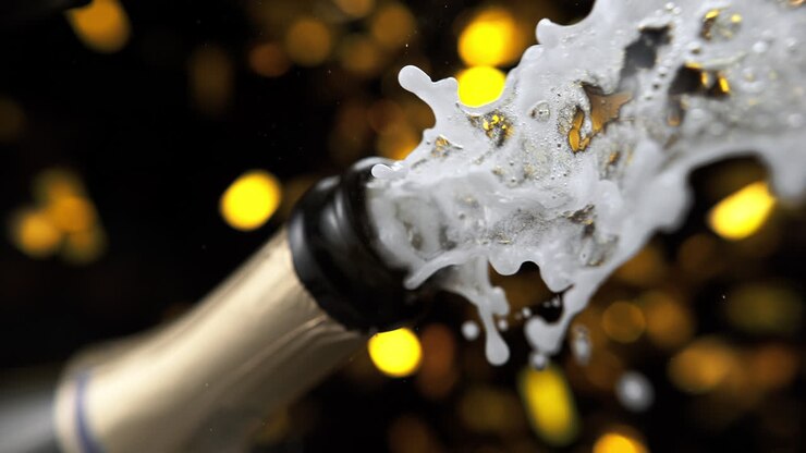 Champagne Bottle With Exploding Cork And Glittering Confetti Falling In The Background, Slow Motion and Macro