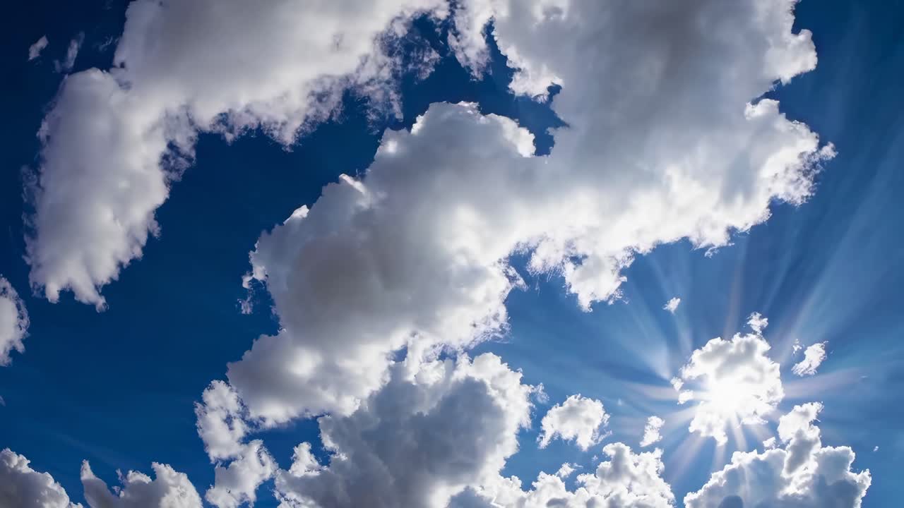 Dynamic video concept of fluffy clouds against a vibrant blue sky, captured from a low-angle