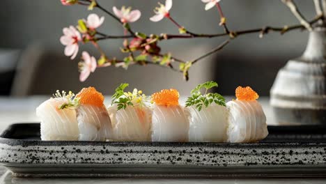 exquisite sushi platter with cherry blossoms