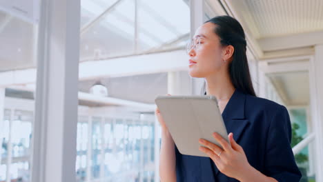 Business-woman,-tablet-and-thinking-with-focus