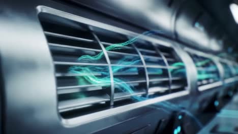 in a high-tech setting, air flows dynamically through a sleek ventilation system. the design showcases both functionality and modern aesthetics, featuring smooth lines and illuminated elements.