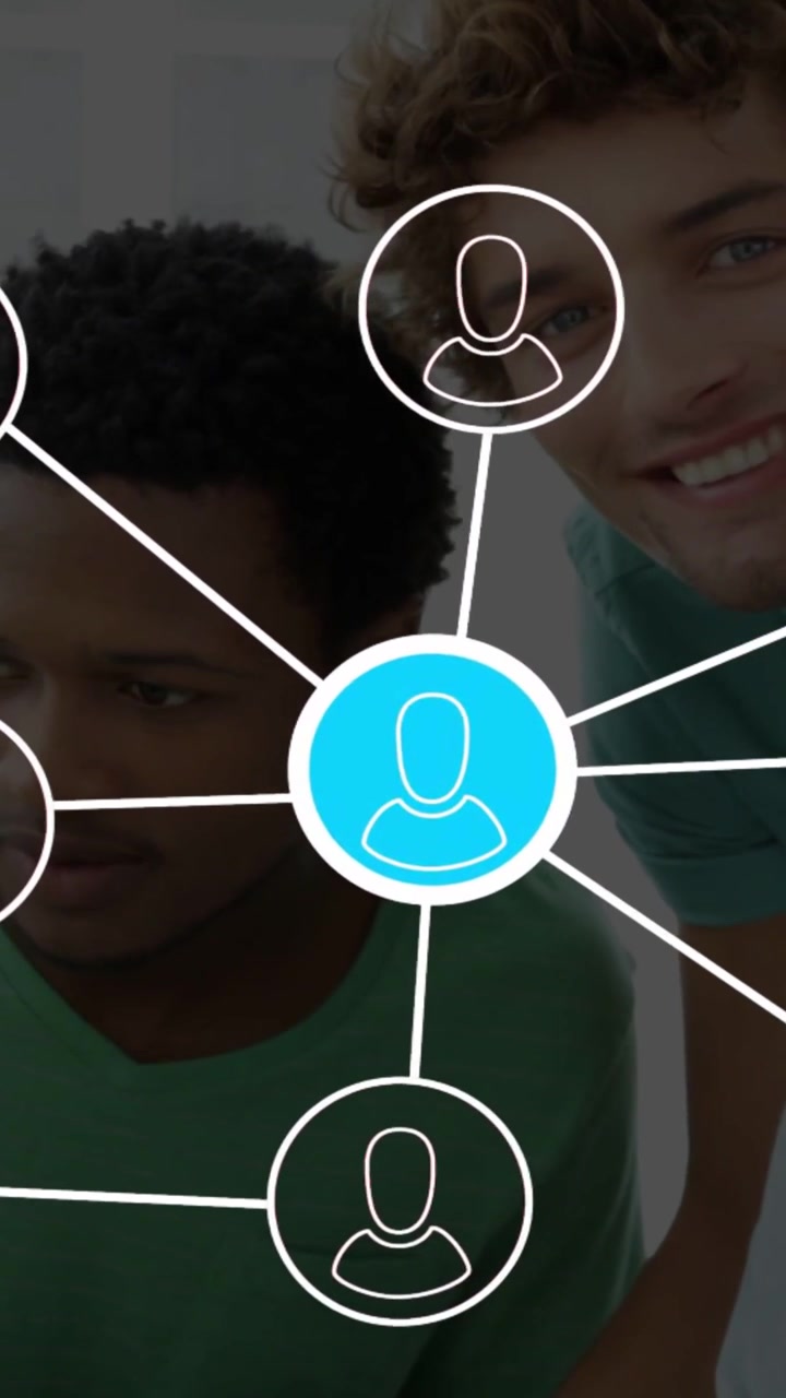 Vertical video: Tech team leaning toward tablet as blue node pulsing, icons showing then fading