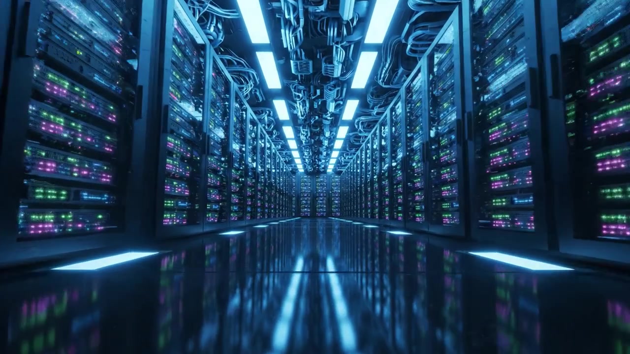 Uno sguardo all'interno di un data center ad alta tecnologia: file di server con luci brillanti e infrastrutture moderne che riflettono un paesaggio digitale all'avanguardia