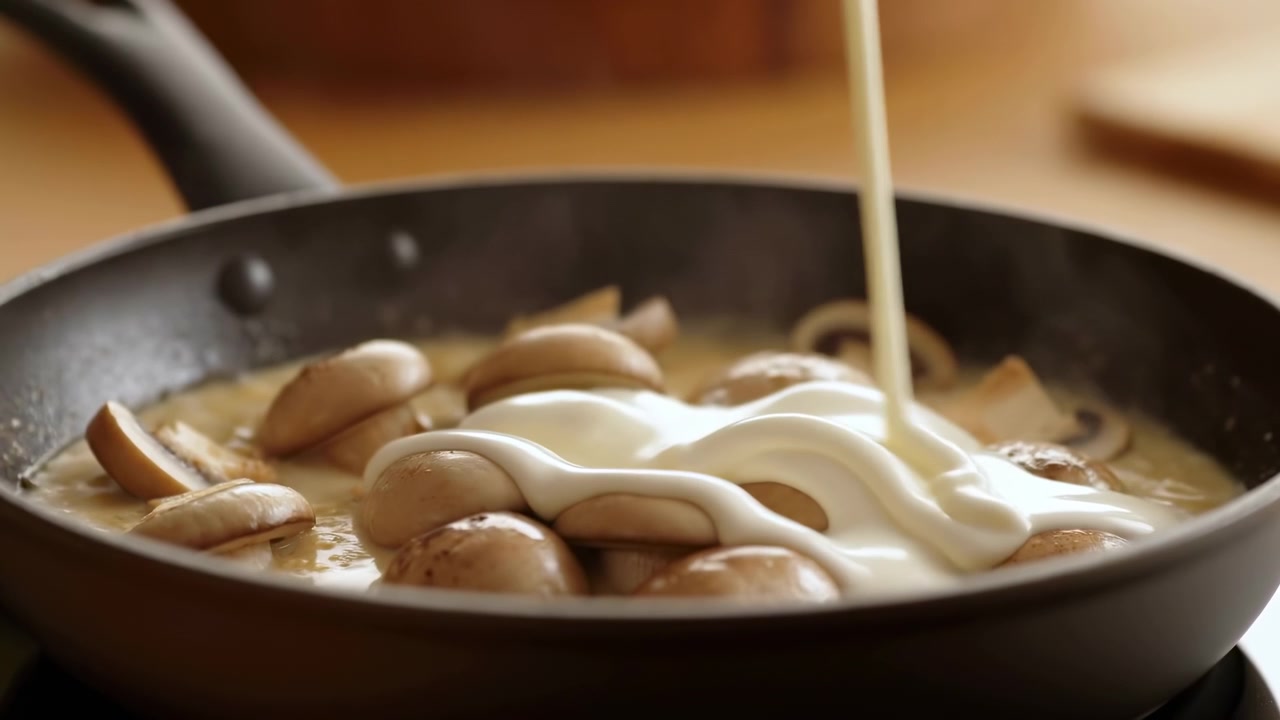 Un flusso costante di salsa chiara si spande su funghi affettati e cipolle in una padella scura, formando uno strato lucido mentre la vista ravvicinata mantiene l'ambiente caldo della cucina leggermente sfocato.