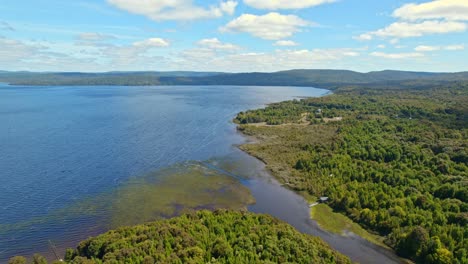 Panoramic-Landscape-Huillinco-Chiloé-Lake-Aerial-Drone-Above-Sea-Coastal-Islands-in-Chile-south-American-Travel