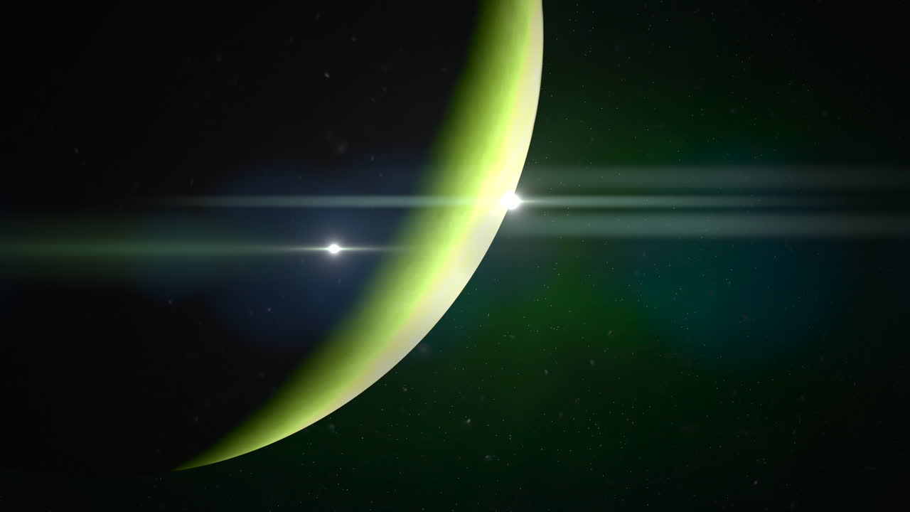 Flash of stars and green planet in galaxy