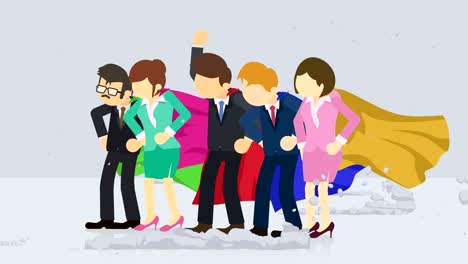 superheroes standing near a cloud of dust. business team symbol. teamwork and challenge concept. comic loop animation.