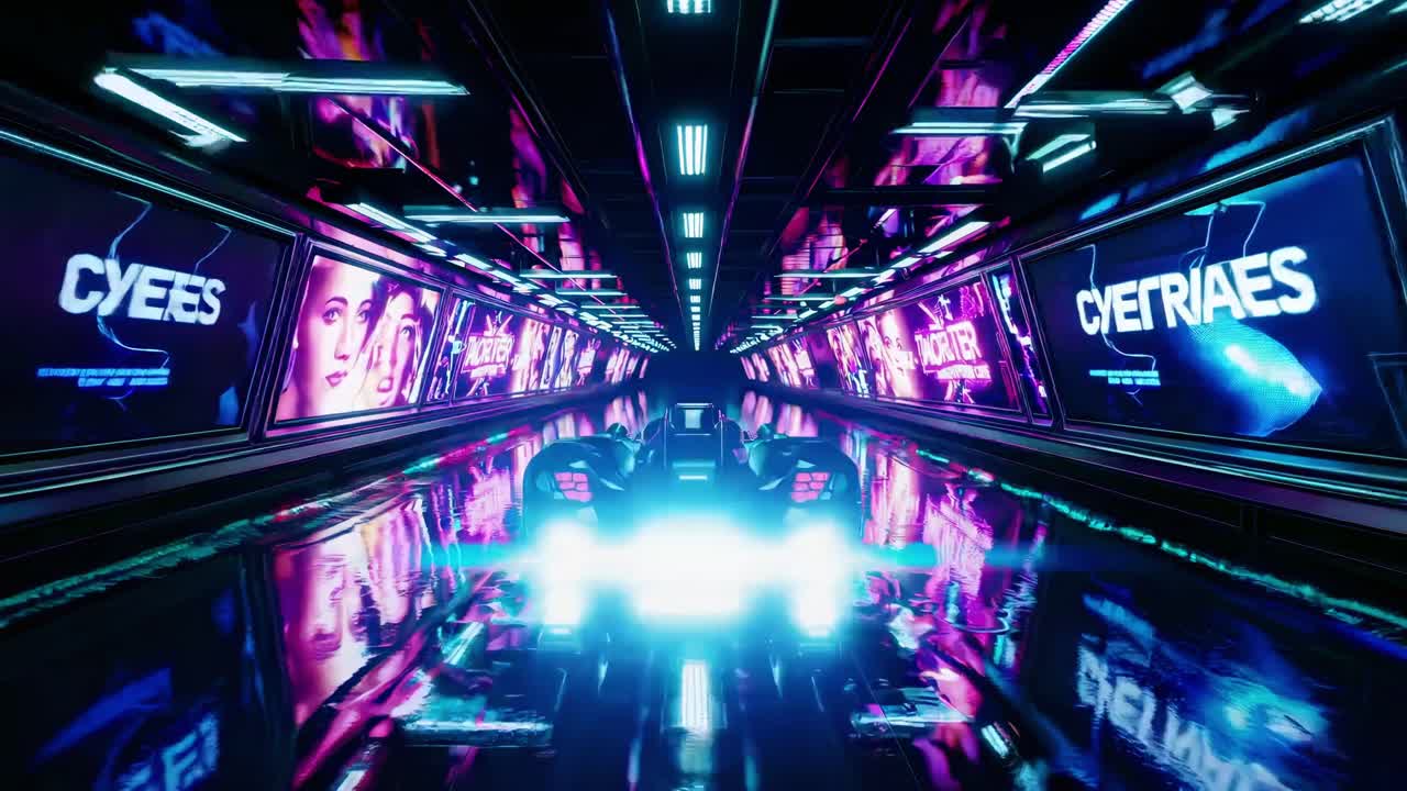 Futuristic neon racing car speeding in cyberpunk tunnel with advertisements on digital screens, creating a vibrant and dynamic scene in a futuristic world