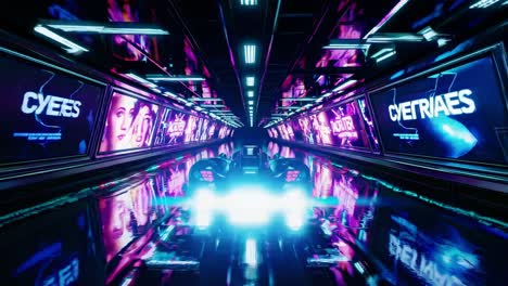 futuristic neon racing car speeding in cyberpunk tunnel with advertisements on digital screens, creating a vibrant and dynamic scene in a futuristic world