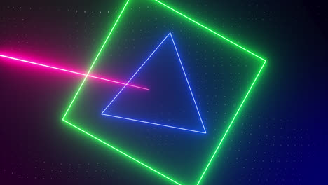 animation of colourful rotating neon shapes and beams scanning on black background