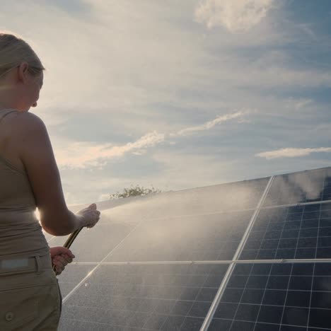 mujer lava los paneles de la planta de energía solar doméstica