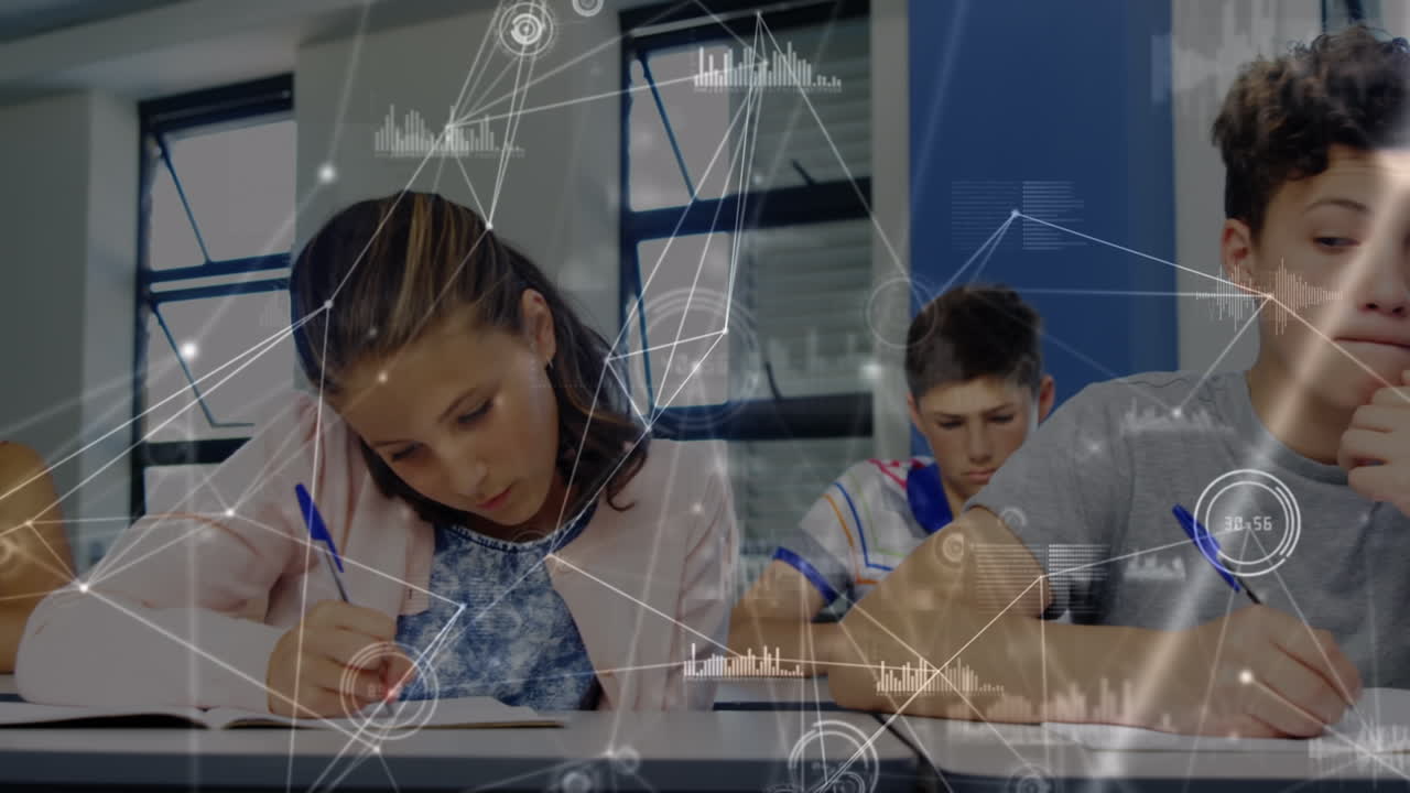 animación de conexiones entre estudiantes diversos que aprenden en la escuela