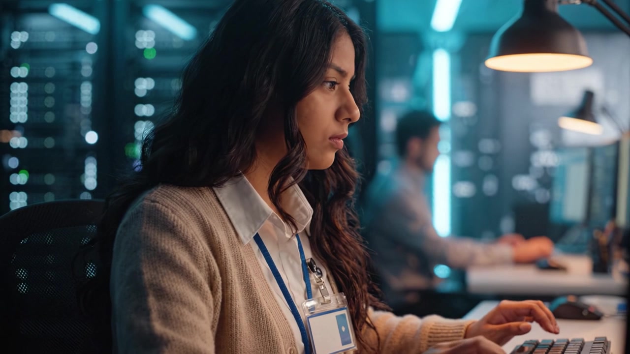 Focused Data Analyst in a High-Tech Environment Working on Computer in Control Room Surrounded by Advanced Technology and Server Racks for Efficient Operations