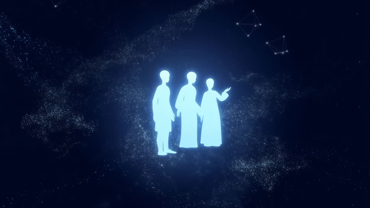 Abstract silhouettes of people in a starry space