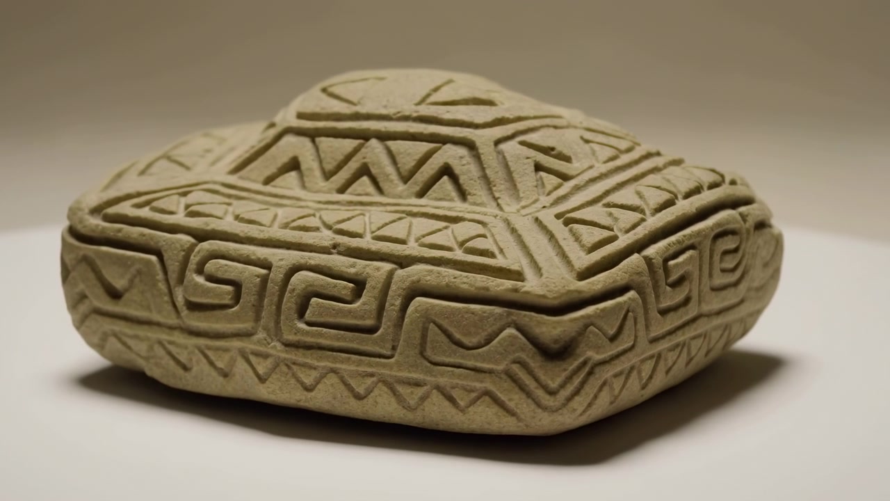 Pieza decorativa baja y redondeada con textura mate rugosa y patrón grabado repetitivo, centrada sobre un fondo neutro con poca profundidad de campo, sombras suaves y un carácter artesanal tipo museo.